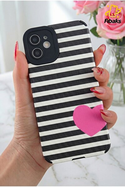 Fibaks İphone 11 Kılıf Tasarımlı Desenli Kamera Korumalı Siyah Beyaz Zebra Pembe Kalpli Yumuşak Silikon Kap