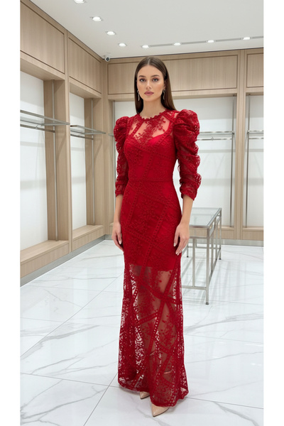 LEAF Fashion for Women Zarif danteli kirmizi abiye elbise