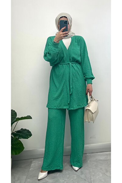 NİSUM MODA Set de două piese cardigan și pantaloni cu textura Seersucker