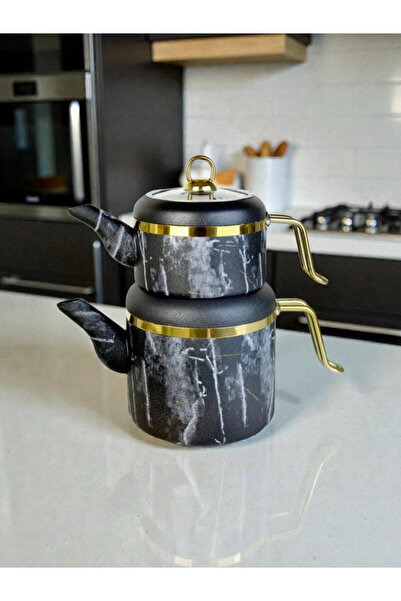 GLRHOME Mermer desenli siyah granit çaydanlık üst demlik 1.25L alt demlik 2.25L