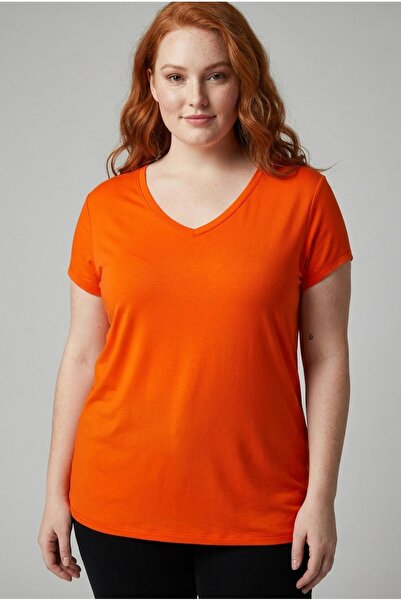 Ebsumu تي شيرت نسائي كبير الحجم ذو رقبة على شكل حرف V باللون البرتقالي – قصة ...