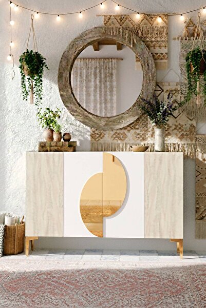 YUMEDİ DESİGN KA1201BTG - EYLÜL KONSOL ,TV SEHPASI , ÇOK AMAÇLI DOLAP, KAHVE KÖŞESİ 120CM BEYAZ-TRAVERTEN-GOLD