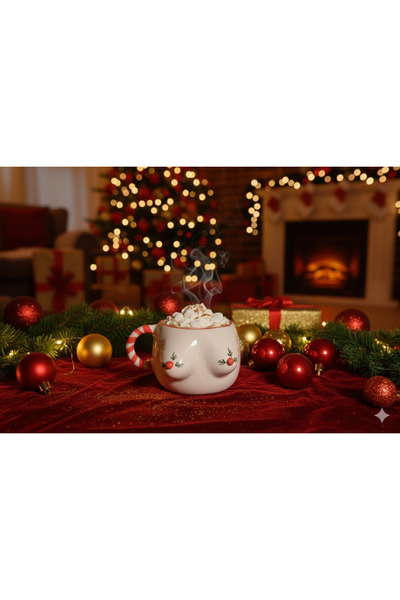 Maui Yılbaşı Özel Tasarım Hediyelik El Yapımı Seramik Memeli Bardak - Yılbaşı Temalı Kupa