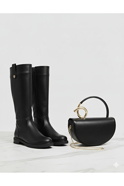 DYG STORE Stylish Modern Black Boots and Bag Combination