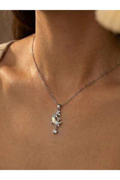 Happy Vibes Ay Kolye - Aşk Kolyesi - Ay Taşı Kadın Çelik Kolye