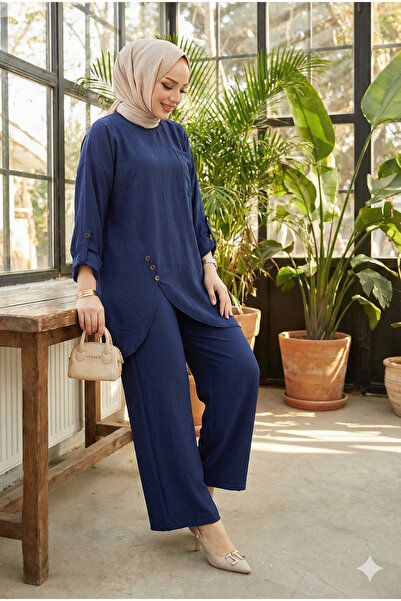 modamira Kadın Lacivert Çilek Kumaş Asimetrik 2li Tesettür Tunik Pantolon Iki...