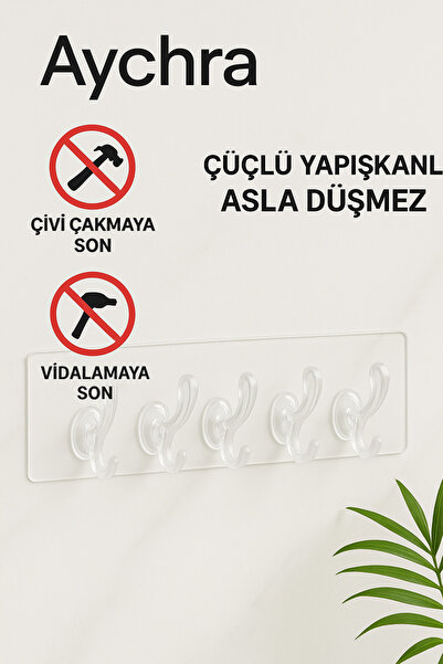 Aychra 5’li Kendinden Yapışkanlı Süper Güçlü Kesilebilir Şeffaf 5’li Askılık