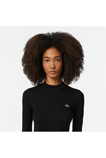Lacoste Kadın Slim Fit Uzun Kollu Boğazlı Yaka Siyah T-Shirt