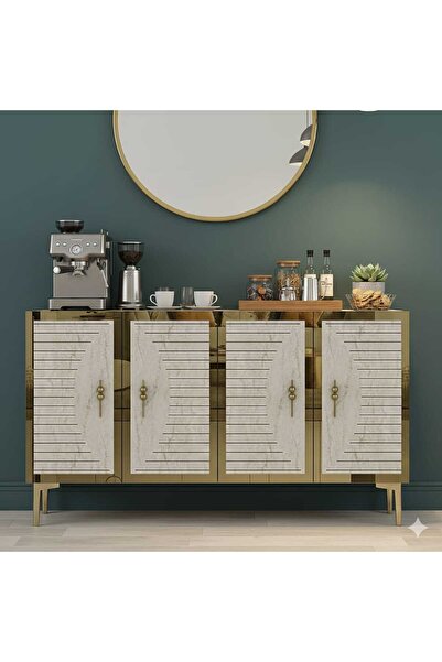 YUMEDİ DESİGN KA1207BTG - KEREM KONSOL, TV SEHPASI, ÇOK AMAÇLI DOLAP ve KAHVE KÖŞESİ 120cm BEYAZ-TRAVERTEN-GOLD