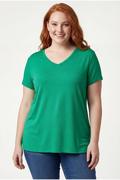 Ebsumu تي شيرت نسائي كبير الحجم ذو رقبة على شكل حرف V باللون الأخضر - قصة مري...