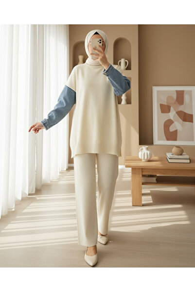 Modamorfo Kolları Kot Detaylı Triko Takım -Krem