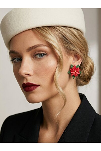 BeuBella Aksesuar Kırmızı Çiçek Yılbaşı Küpesi | El Yapımı Atatürk Çiçeği Fig...