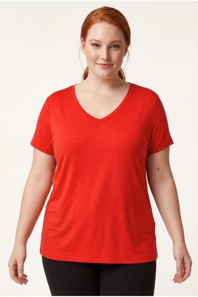 Ebsumu تي شيرت نسائي كبير الحجم ذو رقبة على شكل حرف V باللون الأحمر - قصة مريحة، قماش يسمح بالتهوية، خيارات مقاسات تصل إلى 6XL