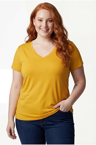 Ebsumu Tricou de damă cu decolteu în V, mărime mare, muștar – confortabil cro...