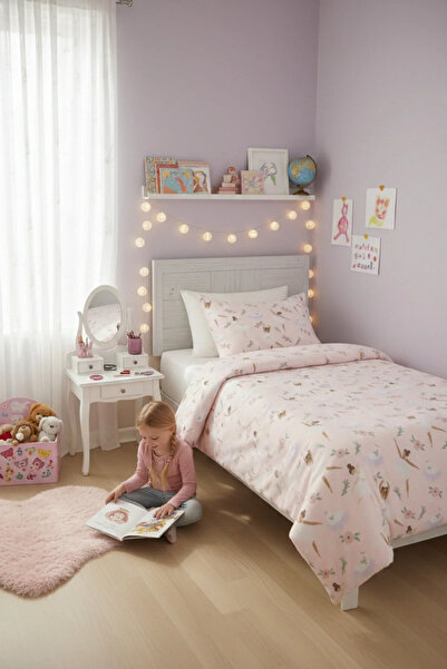 ELEGANCEHOME فلانيل، باليرينا وردية، 100% قطن، طقم غطاء لحاف فردي