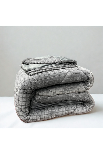 Merinos Comforter yorgan seti gri antrasit kare kare 220x240 yastık kılıflı