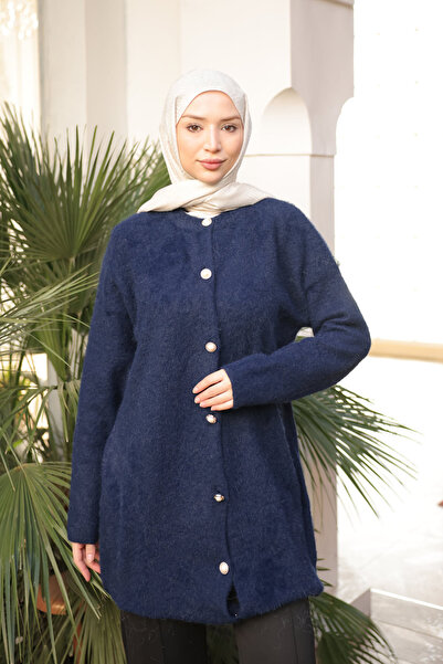 İmajButik سترة تريكو أنجورا ناعمة بأزرار باللون الأزرق الداكن