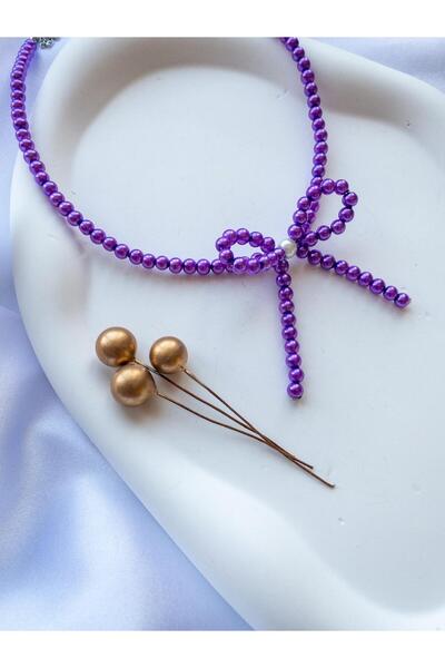 BeuBella Aksesuar Mor İnci Boncuk Kolye – Kurdele Detaylı – Ayarlanabilir Boy...