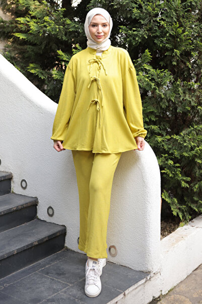 İmajButik Set de pantaloni kimono înfășurați cu cravată în față verde ulei