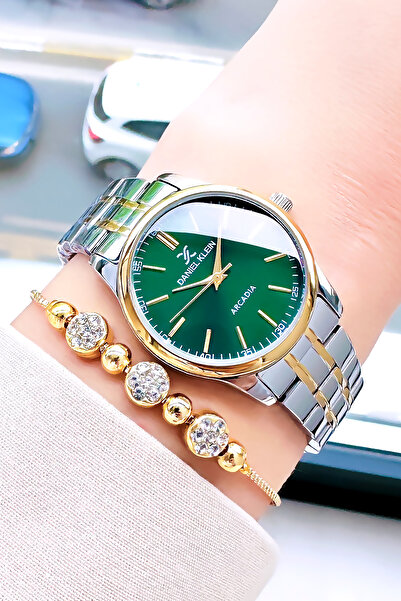 Daniel Klein ساعة يد نسائية كلاسيكية - سوار هدية بسوار فولاذي ذهبي وفضي وأخضر