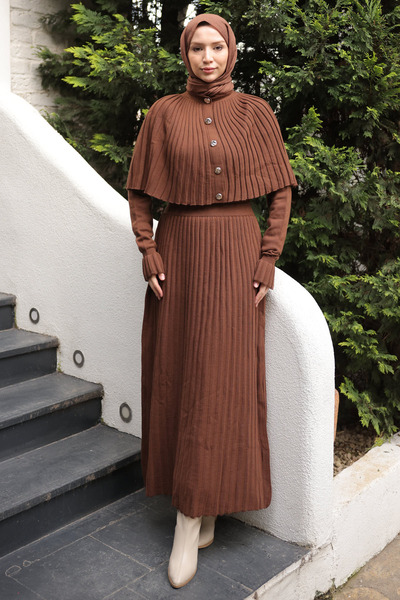 İmajButik Rochie lungă din tricot cu detaliu de pelerină maro