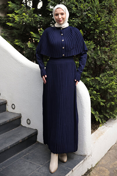 İmajButik Navy Blue Cape Detailed Long Knit Dress
