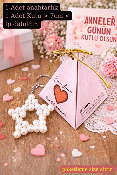 Emtory Home Anneler Günü Özel Piramit Kutulu İnci Yıldız Anahtarlık   10 Adet