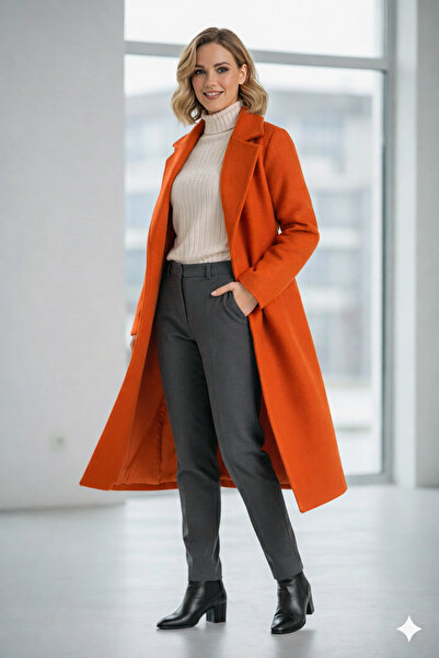 Kübra Boutique معطف طويل من الكشمير مع حزام برتقالي وتفاصيل جيوب
