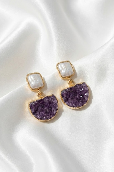 RADESA Altın Kaplama Druzy Kuvars Taşlı Sallantılı Küpe