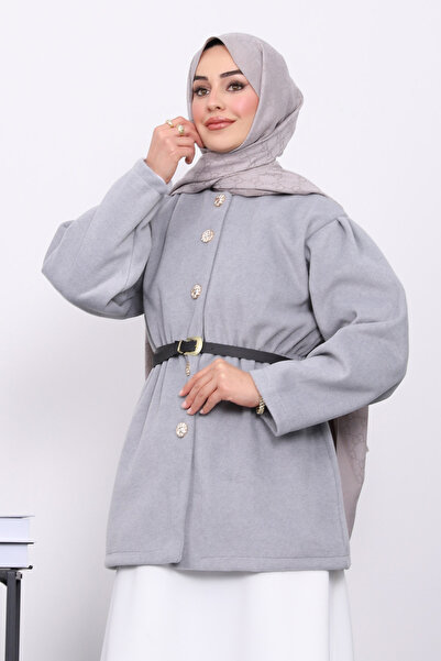 İmajButik Gray Waist Elasticated Buttoned Cashmere Jacket