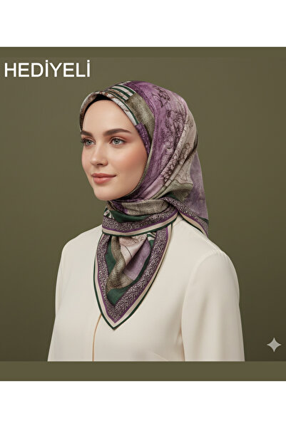Levidor 90x90 İpek Görünümlü Mor - Yeşil Kristal Eşarp – Kaymayan Twill Şık Tasarım