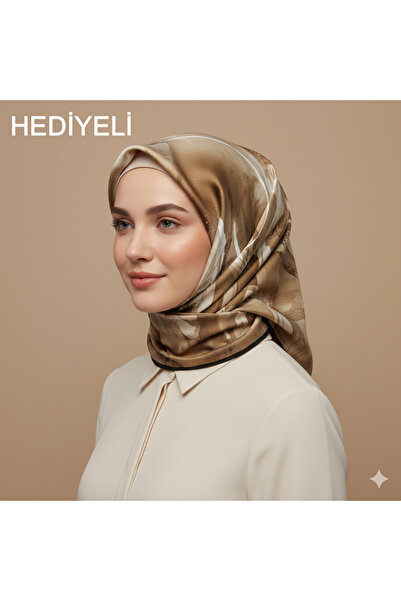 Levidor 90x90 İpek Görünümlü Kahverengi - Haki Yeşili Kristal Eşarp – Kaymayan Twill Şık Tasarım