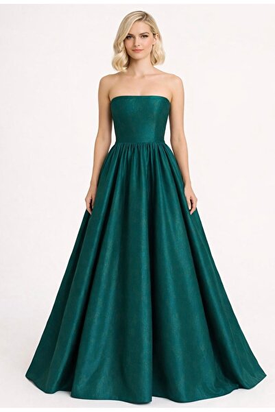 MERT ERKAN Çelik Mavi İpek Tafta Straplez Elbise