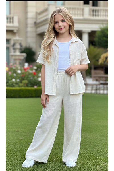 Calisa طقم بناتي من قميص الموسلين والكتان والكتان والسراويل بالازو مع حمالات بدلة عيدية مكونة من 3 قطع