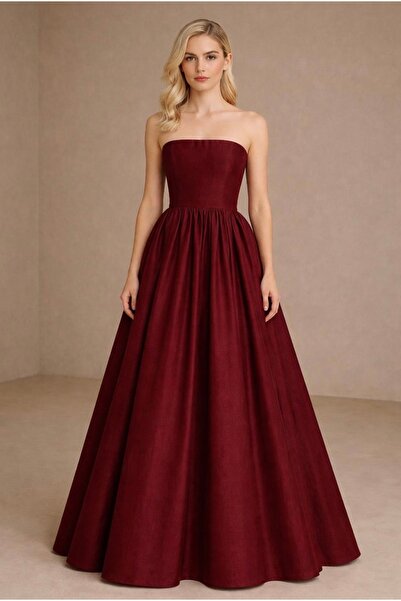 MERT ERKAN Tam Daire Açılımlı & Büzgülü Maxi Straplez Tafta Elbise