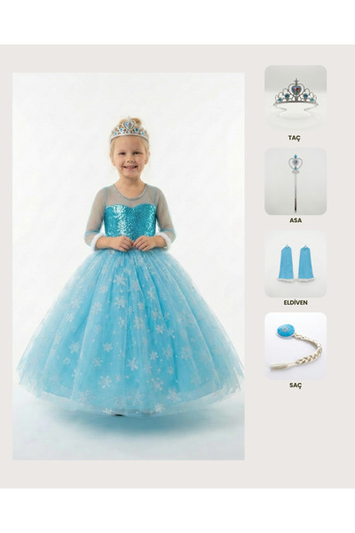 BUTİKHAPPYKİDS Frozen Elsa Kostümü Uzun Kollu Kız Çocuk Prenses Elbisesi Taç+Asa+Saç+Eldiven Hediyeli