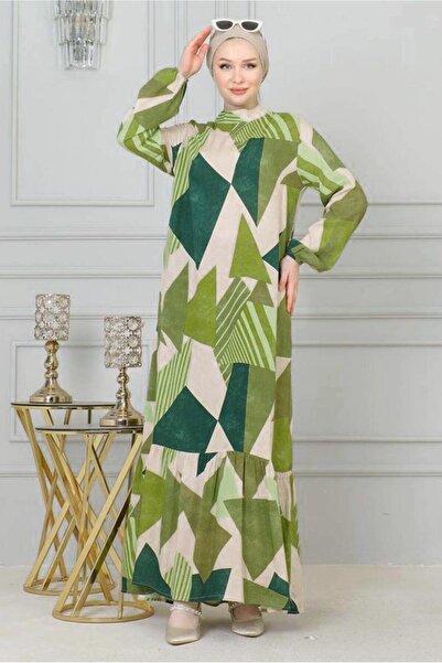 TRENDTESETTÜR KADIN YEŞİL DESENLİ VİSKON TESETTÜR ELBİSE T 4128