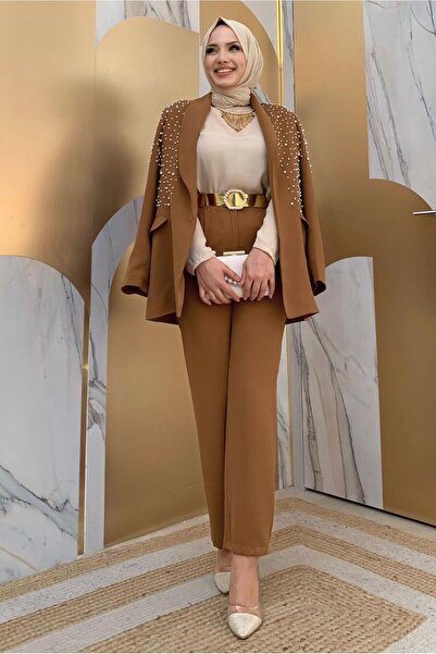 TRENDTESETTÜR KADIN TABA İNCİ VE TAŞ DETAYLI İKİLİ PANTOLONLU TAKIM T 6048