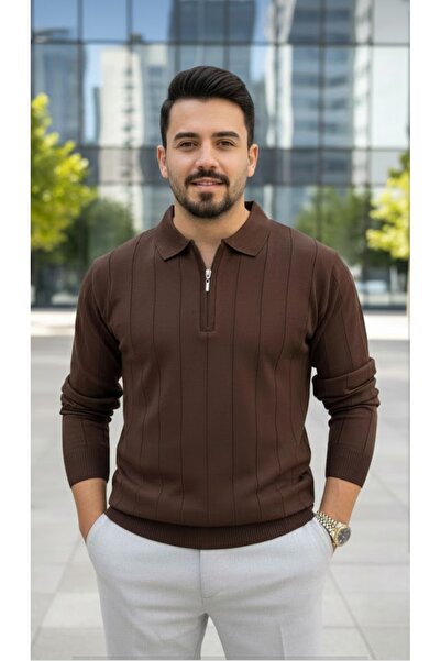 LİBASSİNİ Men's Half Zip Polo Neck Seasonal Sweater Dark Brown