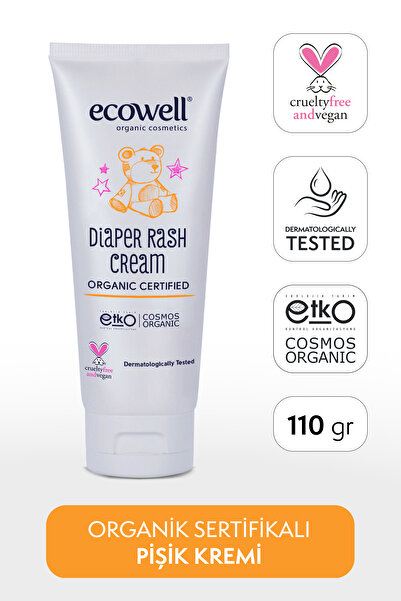 Ecowell Organik Pişik Kremi, Vegan Sertifikalı, Yenidoğan Çinko Krem, Nemlendirici, Tahriş Önleyici 110gr