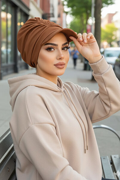 Aişe tesettür Karamel Kahve Bantlı Şapka Bone