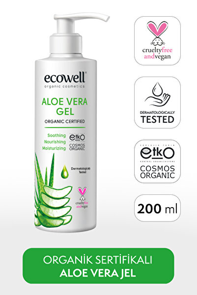 Ecowell Organik Aloe Vera Jel, Vegan Sertifikalı, Güneş Sonrası Yatıştırıcı Nemlendirici Rahatlatıcı 200ml