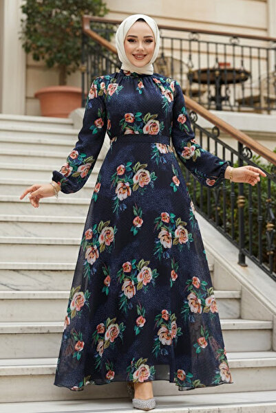 Neva Style Floral Patterned Navy Blue Hijab Dress 27974L