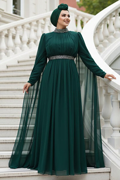 N.S NEVA STYLE فستان سهرة حجاب أخضر بأكتاف كيب 25911Y