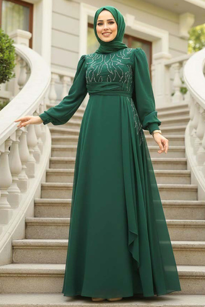 Neva Style Boncuk İşlemeli Yeşil Tesettür Abiye Elbise 52021Y