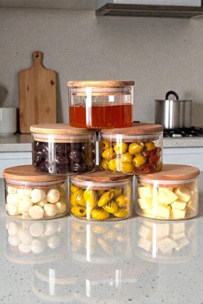 Denia Home |   بوريليا |   طقم فطور زجاجي مكون من 6 قطع - غطاء من الخيزران مع سيليكون مانع للتسرب