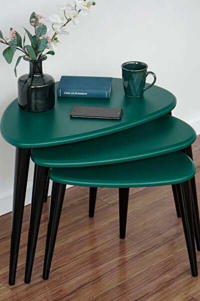 vornom Ahşap Zigon Sehpa Takımı Ercol Style Boyalı, Oturma Odası Mobilya 3'lü Set