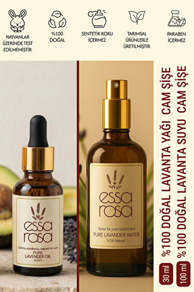 ESSAROSA PURE %100 NATURAL Lavanta Suyu Cam Şişe 100 ml & Lavanta Yağı Cam Şi...
