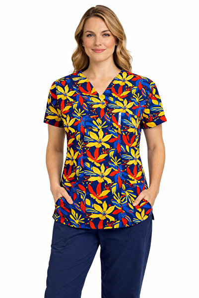 yıldız üniforma قميص نسائي من القطن الليكرا منقوش باللون الأزرق الداكن