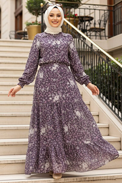 Neva Style Rochie mov cu guler cu dantelă 2327MOR